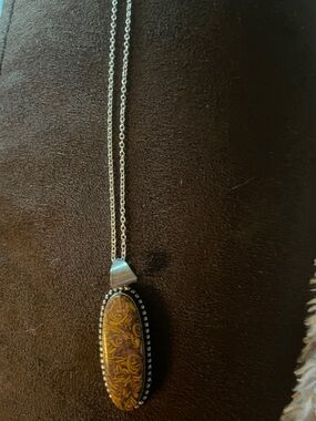 Silver Chain Necklace with Oval Brown Amber Pendant 9 inch chain